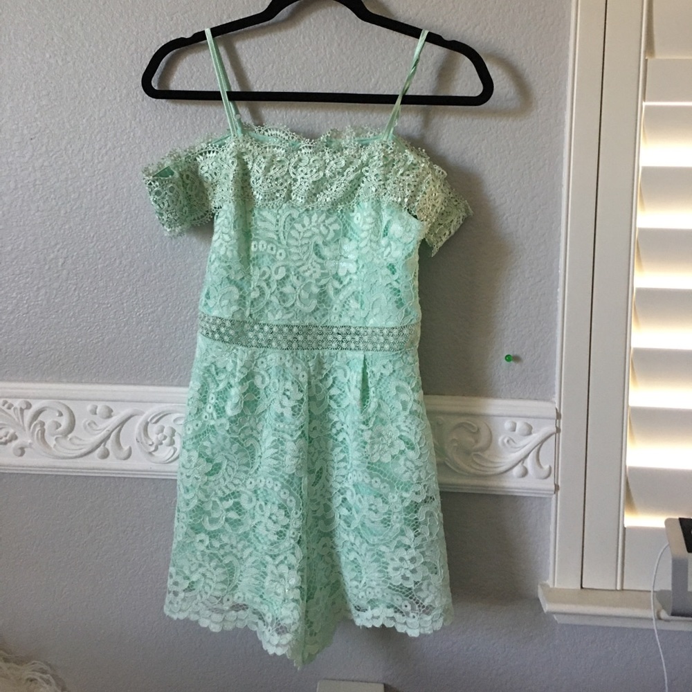 mint lace off the shoulder romper